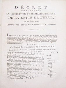 Item #68-3927 Décret concernant la liquidation et le remboursement de la dette de l’état, 17...