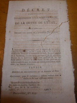 Item #68-3929 Décret concernant la liquidation et le remboursement de la dette de l’état, 2...