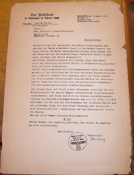 Item #68-4036 Einschreiben! 3 April 1941. Der Brasident Der Reichskammer Der Bildenben Kunste,...