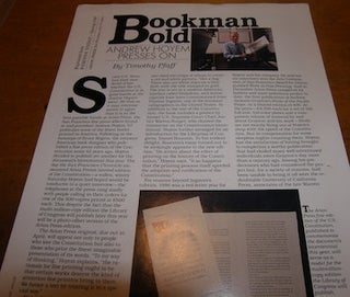 Item #68-4048 Bookman Bold. Andrew Hoyem Presses On. Reprinted From Pomona Today, Spring 1987....
