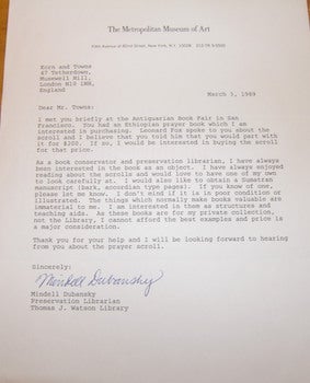 Mindell Dubansky, Preservation Librarian, Thomas J. Watson Library - Typed Letter Signed Dubansky to Mr. Towns of M.E. Korn. March 3, 1989