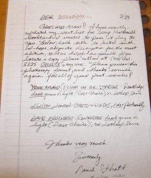 Item #68-4221 Photocopy of Hand-written Letter Signed David Hiatt to Serendipity Books (Peter...