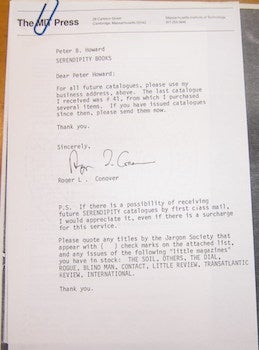 Item #68-4234 Typed Signed letter Conover to Peter Howard of Serendipity Books. Roger L. Conover