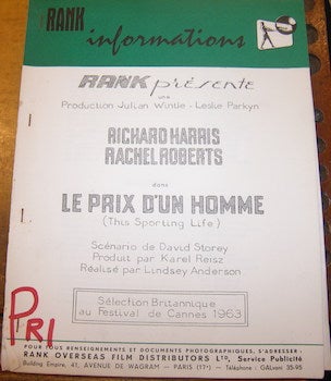 Rank Overseas Film Distributors; Lindsay Anderson (dir.) - Press Release for le Prix D'Un Homme (This Sporting Life)