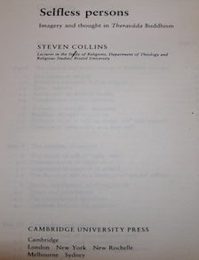 Item #68-5055 Selfless Persons. Imagery And Thought In Theravada Buddhism. Steven Collins.
