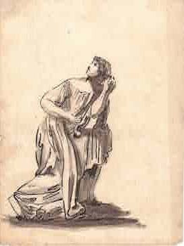 Ink sketch of kneeling lovers engaged in coitus. With drawing of a classically robed woman on verso.