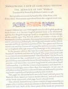 Item #68-8017 Prospectus for Announcing A New De Luxe Folio Edition. The Mirrour Of The World. Translated & Printed by William Caxton in 1481. [This is the Prospectus for a book, not the book itself.]. Allen Press.