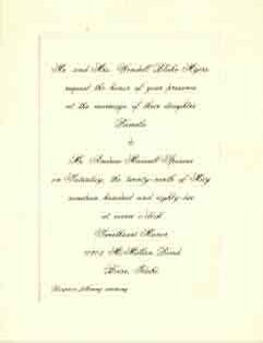 Item #68-8255 Mr. and Mrs. Wendell Blake Myers request the honor of your presence at the marriage of their daughter Pamela and Mr. Andrew Maxwell Spencer, on Saturday the 29th of Maty, nineteen hundred and eighty two, at seven o'clock. Sweetheart Manor, 10205 McMillan Road, Boise, Idaho. Reception following ceremony. Mr., Mrs. Wendell Blake Myers.