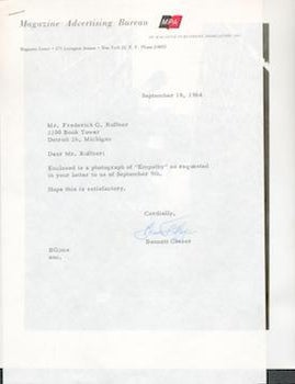 Item #69-8226 Letter to Mr. Frederick G. Ruffner from Bennett Glazer with photograph titled "Empathy". Bennett Glazer.