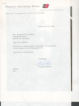 Item #69-8226 Letter to Mr. Frederick G. Ruffner from Bennett Glazer with photograph titled...