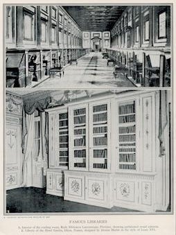 Item #69-8412 Famous Libraries. 1. Interior of the reading room, Reale Bibliotecta Laurenziana,...