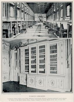 Item #69-8412 Famous Libraries. 1. Interior of the reading room, Reale Bibliotecta Laurenziana,...
