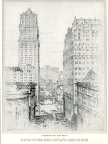 Item #69-8419 Towers of Detroit. Etching by Anton Schutz [1927], showing a business section of...