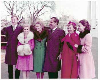 Item #70-0590 Original official White House color photograph of President Richard Nixon, First Lady Pat Nixon, daughters Patricia and Julie on the day of the swearing-in ceremony. Official White House Photographer.