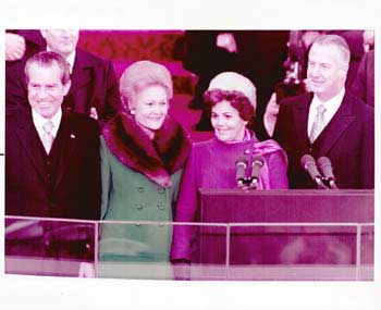 Item #70-0595 Original official White House color photograph of President Richard Nixon's inauguration ceremony. Left to right: President Richard Nixon, First Lady Pat Nixon, Second Lady Judy Agnew and Vice-President Spiro Agnew. Official White House Photographer.