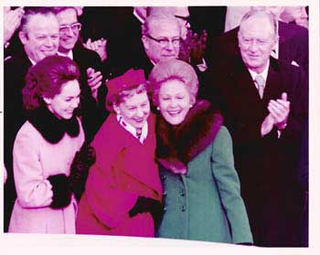 Item #70-0596 Original official White House color photograph of President Richard Nixon's inauguration ceremony, featuring First Lady Pat Nixon, and daughter Julie Nixon. Official White House Photographer.