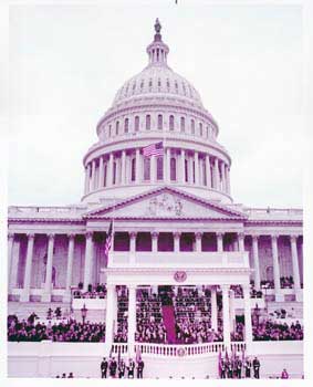 Item #70-0598 Original official White House color photograph of President Richard Nixon's inauguration ceremony at the US Capitol. Official White House Photographer.