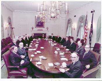 Item #70-0660 Original official White House photograph of Cabinet Room. Seated at table include President Richard Nixon and Vice-President Spiro Agnew. Official White House Photographer.