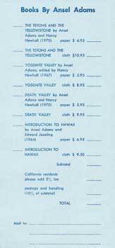 Item #70-0661 Books By Ansel Adams. (This is not a book: this is an order slip for ordering Ansel...