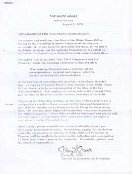 Item #70-0746 Memorandum for the White House Staff: (Original official White House document from Jerry Jones, Special Assistant to the President.). Jerry Jones, President Gerald Ford, White House.