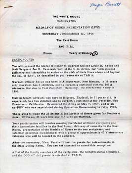 Terry O'Donnell; President Gerald Ford; White House - Medals of Honor Presentation (Live) Thursday, December 12, 1974, the East Room, the White House: (Original Official White House Document. )
