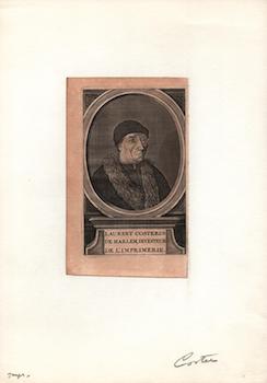 Item #70-1327 Laurent Costerus De Harlem, Inventeur de l'Imprimerie. (B&W engraving). 19th Century European Artist.