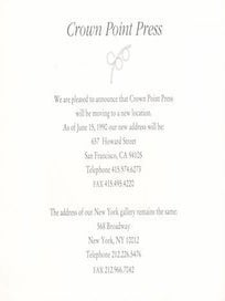 Item #70-3469 Crown Point Press. (Change of address announcement postcard.). Crown Point Press