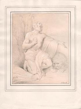 St. Jerome and the Lion. First edition of the lithograph. Johann Nepomuk Strixner, German.