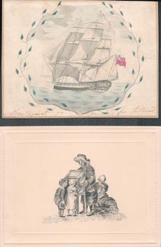 Item #71-1237 Two illustrations: Sailing Ship in a vignette; A Man showing two children a story through a viewer. Anonymous Artists, 19th British artist.