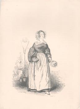 Item #71-3243 [Woman holding bouquet of flowers]. Paul Gavarni, Henri Desire Porret, Engraver