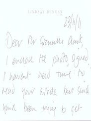 Item #71-5654 Handwritten note to Richard Grenville Clark, November 23, 2011, telling Clark she...