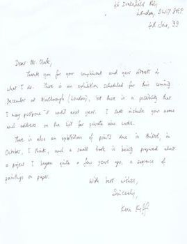 Item #71-5655 Handwritten letter to Richard Grenville Clark, June 4, 1999, thanking Clark for his compliment and interest in his work and adding &ldquo;There is an exhibition scheduled for this coming December at Marlborough (London), but there is possibility that I may postpone it until next year...Autographed by Kiff. Ken Kiff, Artist-.