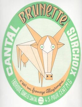 Item #71-6163 Vintage Cantal Brunette Surchoix Cheese Label. 20th Century Designer.