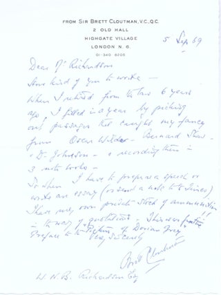 Item #71-7364 Autograph letter from Brett Cloutman to W. N. B. Richardson. Brett Cloutman, Holder...