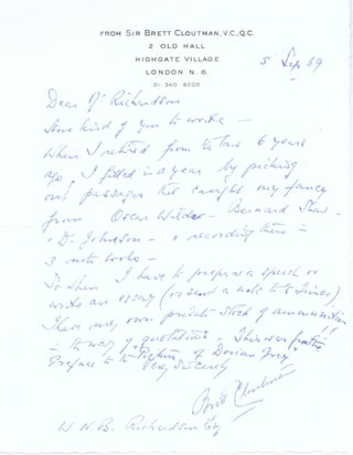 Item #71-7364 Autograph letter from Brett Cloutman to W. N. B. Richardson. Brett Cloutman, Holder...