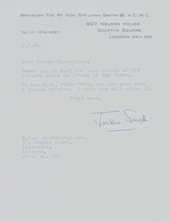 Item #71-7369 Autograph letters from Jackie Smyth to W. N. B. Richardson. Jackie Smyth, Holder of the Victoria Cross.