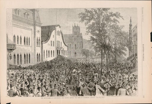 Item #73-0180 The Revivalists in Brooklyn—The crowd before the rink in Clermont Avenue 13 November 1875. Harper's Weekly.
