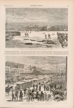 Item #73-0181 Crossing the East River on the Ice Bridge, Car Blockade in the Bowery 4 March 1871....