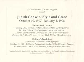 Item #73-0953 Judith Godwin: Style and Grace. 10 October 1997 - 4 January 1998: Judith Godwin (artist). Art Museum of Western Virginia.