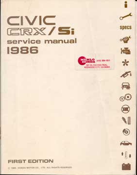 Item #73-3293 Civic CRX/Si Service Manual 1986. Honda Motor Co. Ltd