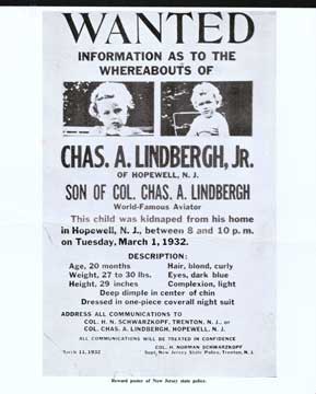 National Educational Aids, Inc - Reward Poster of New Jersey State Police: Wanted Information As to the Whereabouts of Chas. A. Lindbergh Jr.
