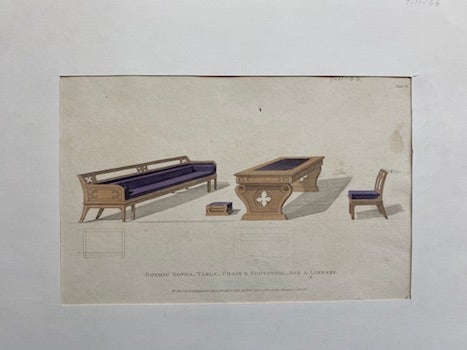 Rudolph Ackermann; - Gothic Sopha, Table, Chair & Footstool, for a Library (Plate 36)