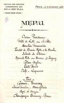 Item #75-1657 Menu card for dinner of Amicale Des Anciens Combattants Des 83e Et 283e R.A.L,...