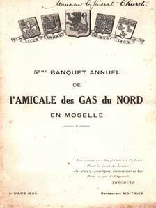 Item #75-1766 Menu for the '5eme Banquet Annuel De l'Amicale Des Gas Du Nord En Moselle,' March...