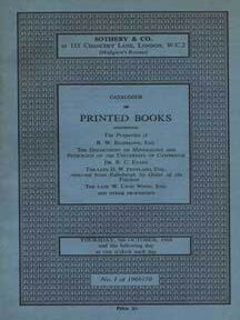 Item #75-1993 Catalogue of Printed Books, October 9, 1969, Lot #s 1-649, Sale Code: S.H.R.1....
