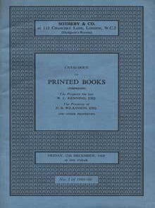 Item #75-1994 Catalogue of Printed Books, December 13, 1969, Lot #s 1-348, Sale Code: S.H.R.3....