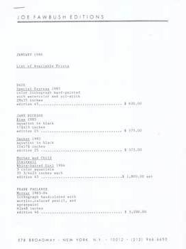Item #75-7093 Joe Fawbush Editions: January 1986 List of Available Prints. Joe Fawbush Editions
