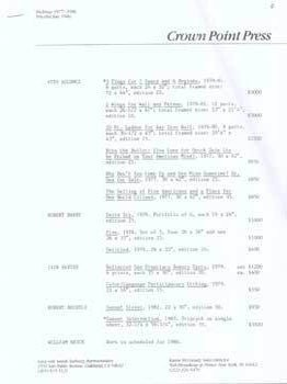 Item #75-7095 Crown Point Press: Etchings 1977-1986, Price List Jan.1986. Crown Point Press:...