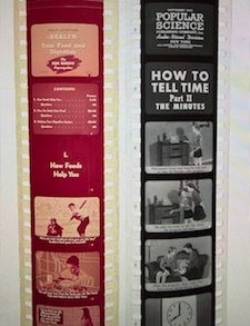 Item #77-2113 Two Educational Films: HEALTH: Your Food and Digestion (Jim Handy), and How to Tell Time: Part II, The Minutes (Popular Science). Film Strip of the Month Club/Jam Handy Organization.